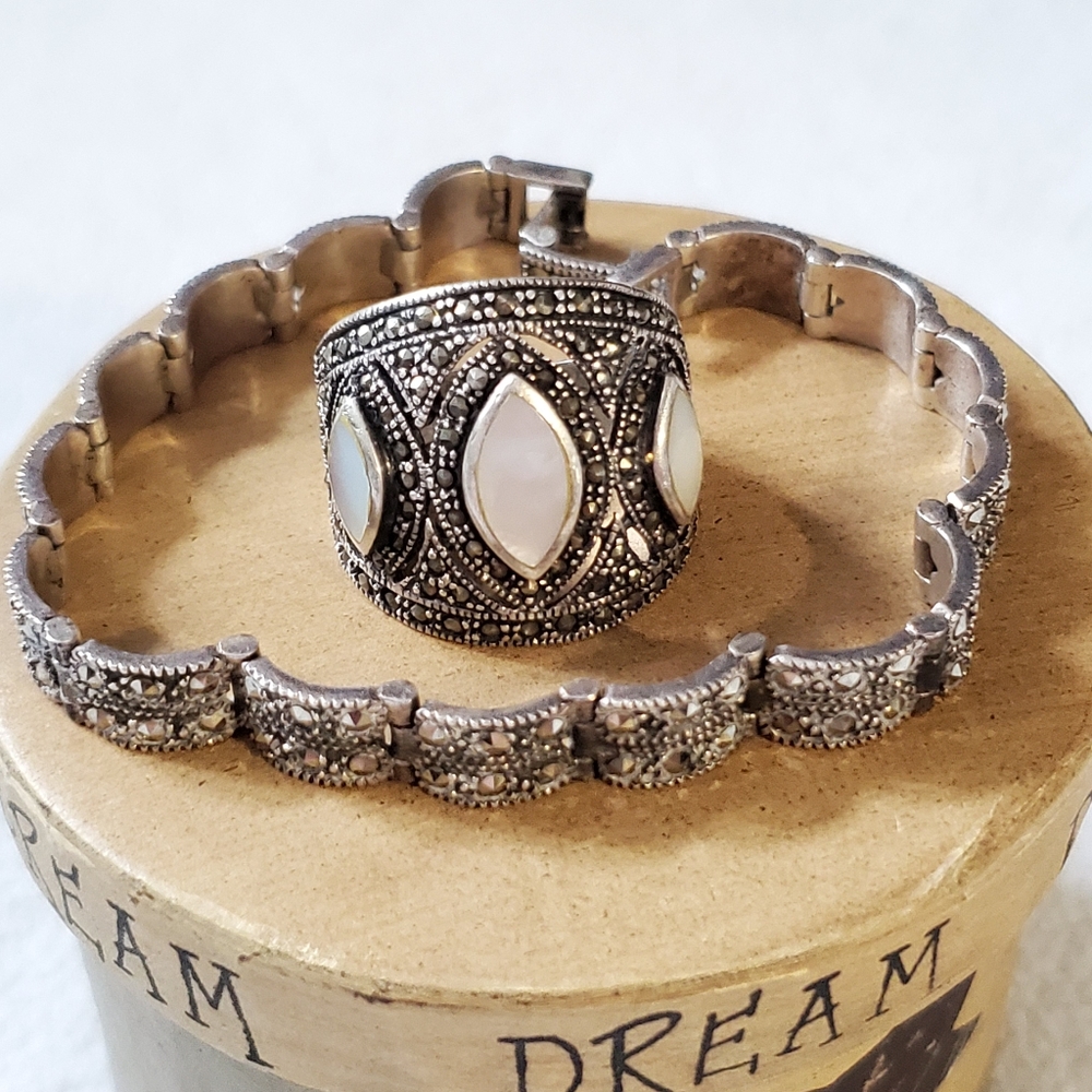 Antique-Style Silver Marcasite Ring with White Opal Inlays